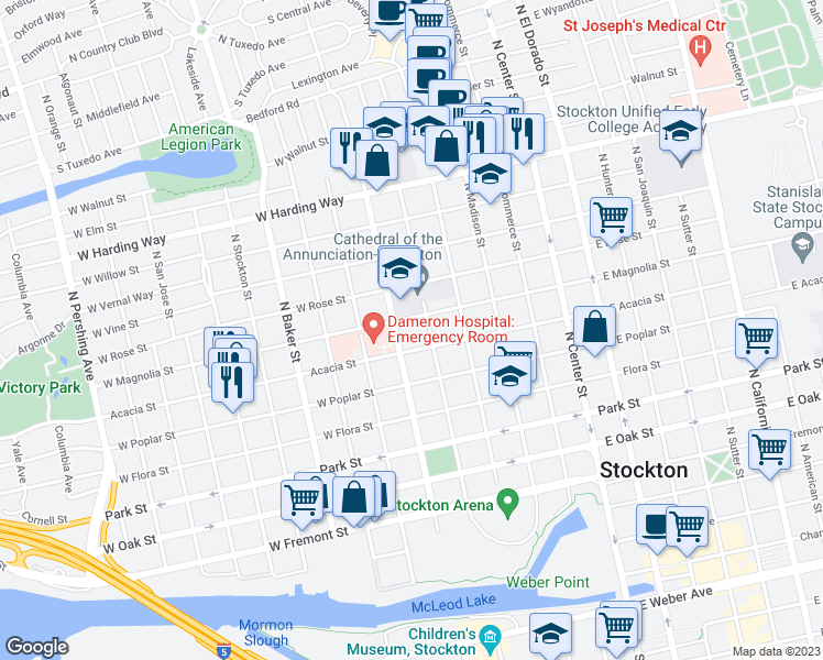map of restaurants, bars, coffee shops, grocery stores, and more near 1032 North Lincoln Street in Stockton
