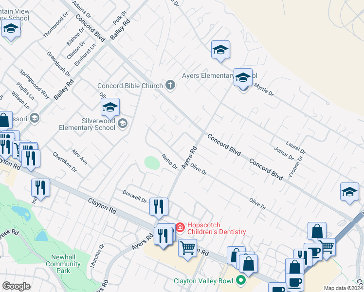 map of restaurants, bars, coffee shops, grocery stores, and more near 1709 Anita Court in Concord