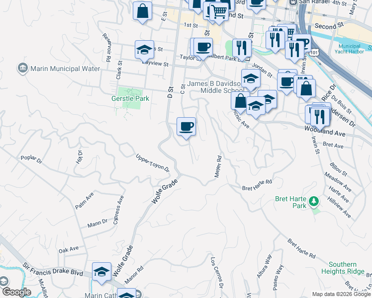 map of restaurants, bars, coffee shops, grocery stores, and more near 3 Wolfe Avenue in San Rafael