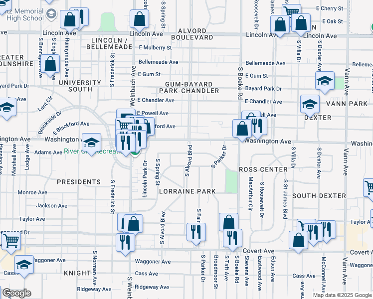 map of restaurants, bars, coffee shops, grocery stores, and more near 1015 South Alvord Boulevard in Evansville