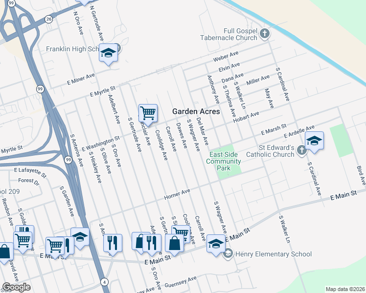 map of restaurants, bars, coffee shops, grocery stores, and more near 343 Dawes Avenue in Stockton