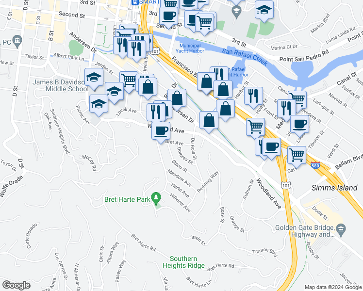 map of restaurants, bars, coffee shops, grocery stores, and more near 17 Bret Avenue in San Rafael