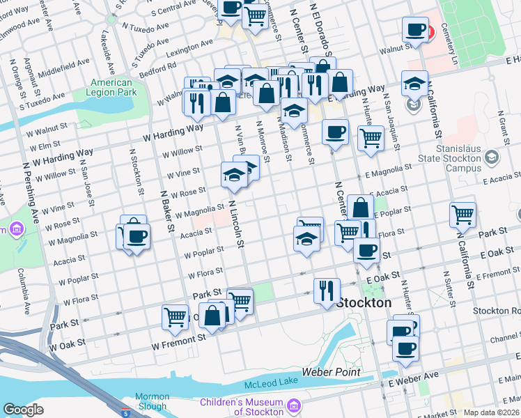map of restaurants, bars, coffee shops, grocery stores, and more near 1020 North Van Buren Street in Stockton