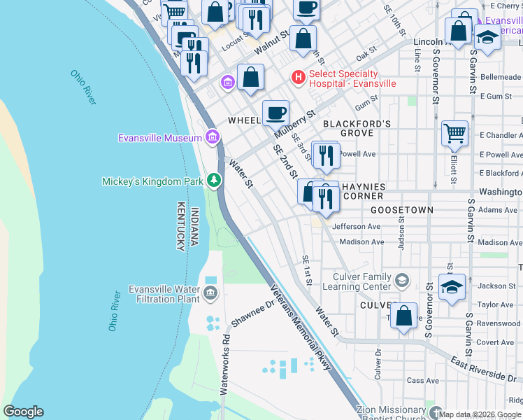 map of restaurants, bars, coffee shops, grocery stores, and more near 813 Southeast Riverside Drive in Evansville