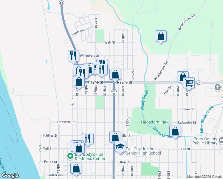 map of restaurants, bars, coffee shops, grocery stores, and more near 1401-1499 12th St in Tell City