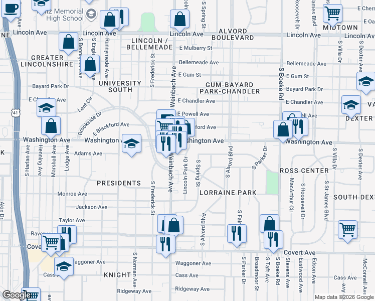 map of restaurants, bars, coffee shops, grocery stores, and more near 1209 South Lincoln Park Drive in Evansville