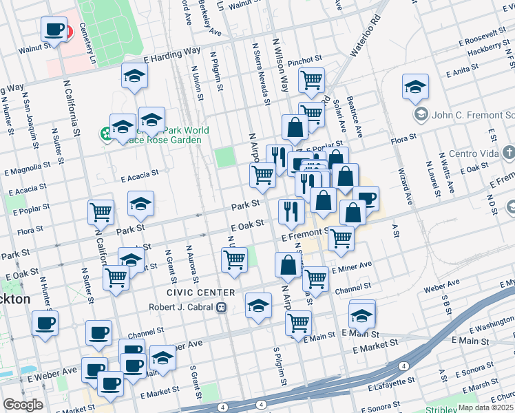 map of restaurants, bars, coffee shops, grocery stores, and more near 1236 East Park Street in Stockton