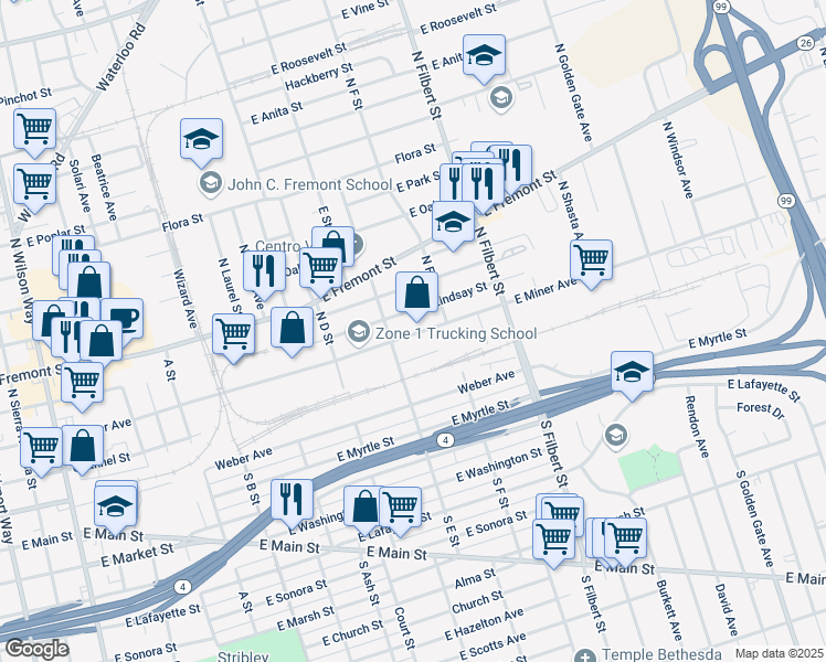 map of restaurants, bars, coffee shops, grocery stores, and more near 2335 East Miner Avenue in Stockton