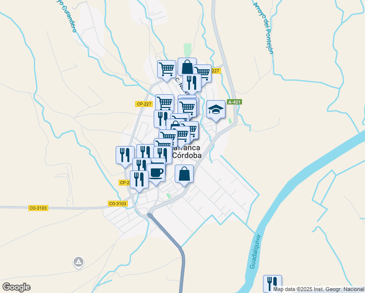 map of restaurants, bars, coffee shops, grocery stores, and more near 6 Calle Caridad in Villafranca de Córdoba