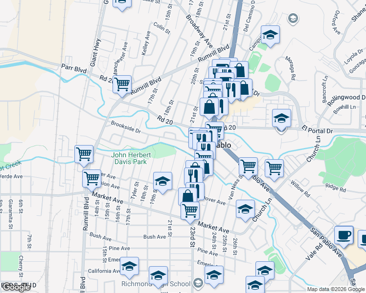 map of restaurants, bars, coffee shops, grocery stores, and more near 2036 Brookside Drive in San Pablo