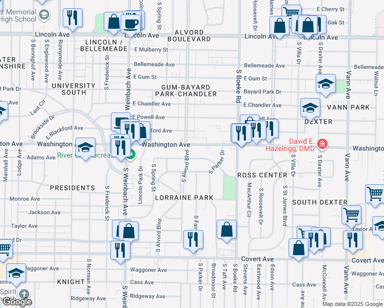 map of restaurants, bars, coffee shops, grocery stores, and more near 2220 Adams Avenue in Evansville