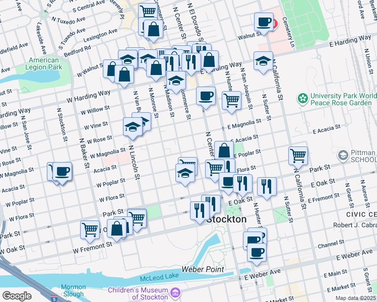 map of restaurants, bars, coffee shops, grocery stores, and more near 123 Acacia Street in Stockton