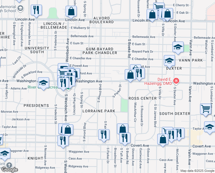 map of restaurants, bars, coffee shops, grocery stores, and more near 2220 Adams Ave in Evansville
