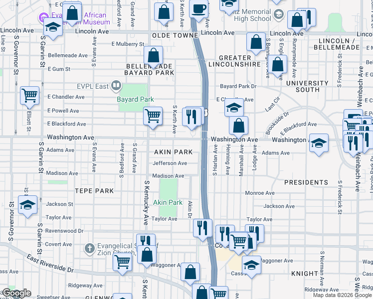 map of restaurants, bars, coffee shops, grocery stores, and more near 1122 Adams Avenue in Evansville
