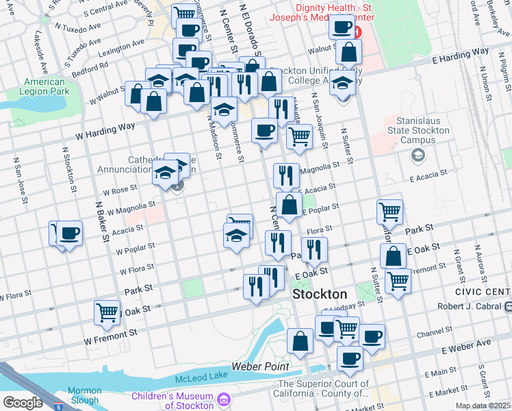 map of restaurants, bars, coffee shops, grocery stores, and more near 2 Acacia Street in Stockton