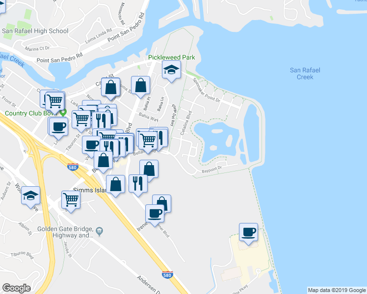 map of restaurants, bars, coffee shops, grocery stores, and more near 308 Catalina Boulevard in San Rafael