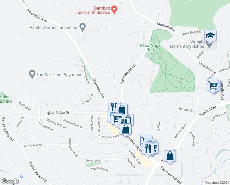 map of restaurants, bars, coffee shops, grocery stores, and more near 19 Kawai Lane in Pleasant Hill
