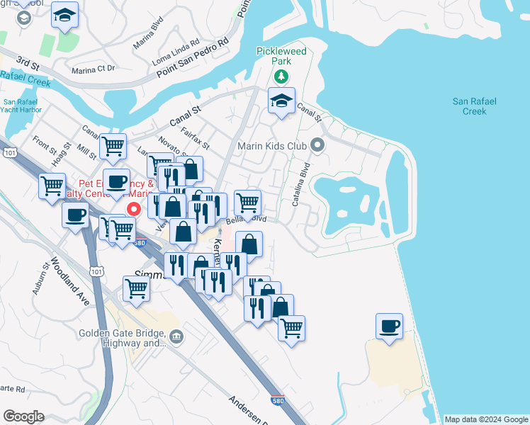 map of restaurants, bars, coffee shops, grocery stores, and more near 351 Bellam Boulevard in San Rafael