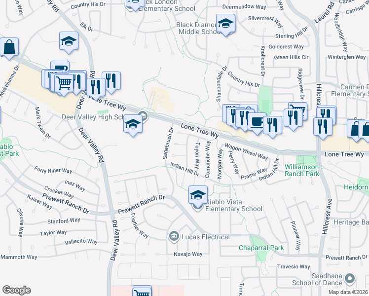map of restaurants, bars, coffee shops, grocery stores, and more near 5024 Chaparral Court in Antioch
