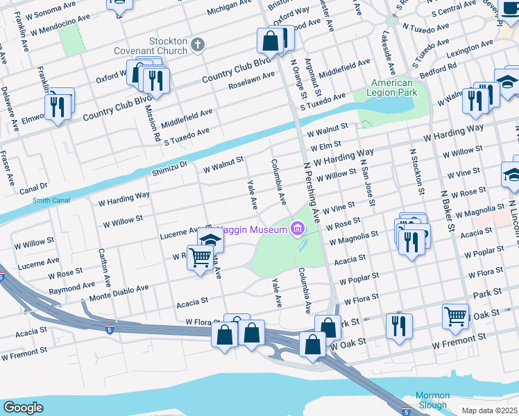 map of restaurants, bars, coffee shops, grocery stores, and more near 1306 Yale Avenue in Stockton