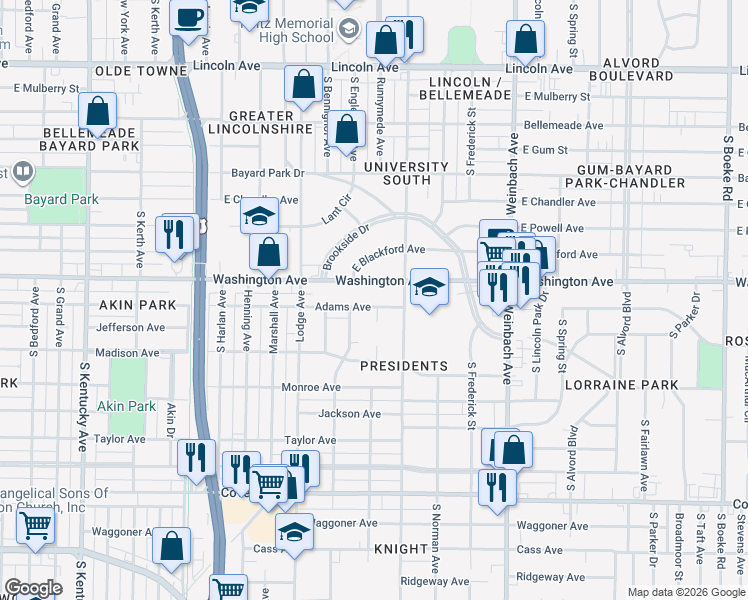 map of restaurants, bars, coffee shops, grocery stores, and more near 1538 Adams Avenue in Evansville