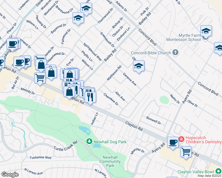 map of restaurants, bars, coffee shops, grocery stores, and more near 4831 Alro Avenue in Concord
