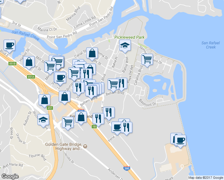 map of restaurants, bars, coffee shops, grocery stores, and more near 245 Bellam Boulevard in San Rafael