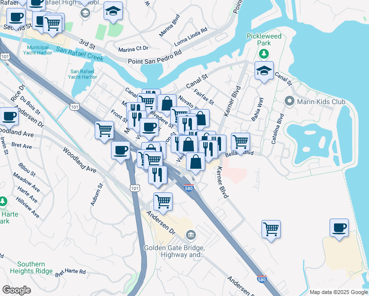 map of restaurants, bars, coffee shops, grocery stores, and more near 109 Verdi Street in San Rafael