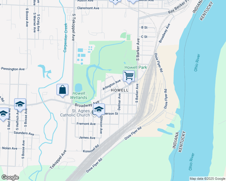 map of restaurants, bars, coffee shops, grocery stores, and more near 3119 Broadway Ave in Evansville