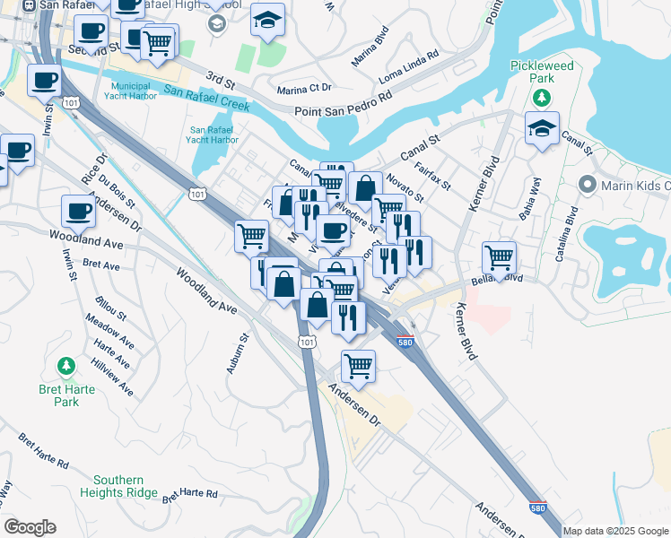 map of restaurants, bars, coffee shops, grocery stores, and more near 855 Francisco Boulevard East in San Rafael