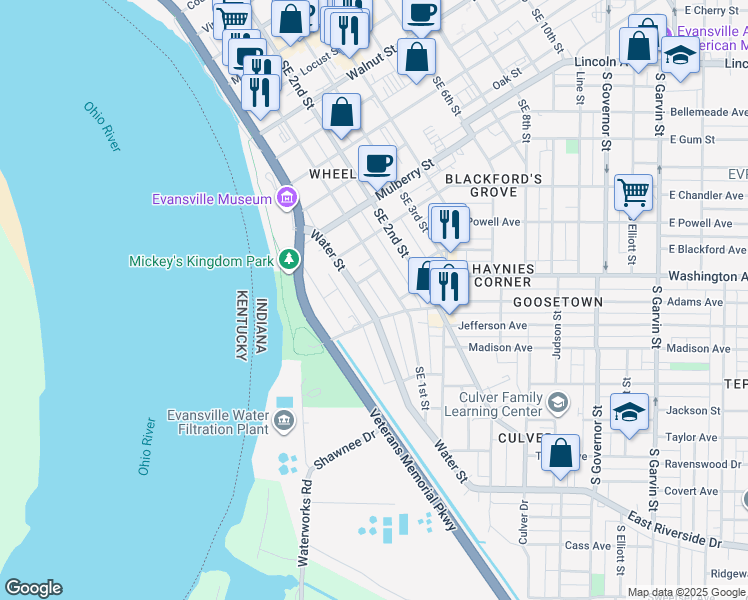 map of restaurants, bars, coffee shops, grocery stores, and more near 825 Southeast 827 First Street in Evansville