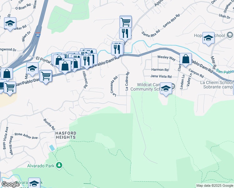 map of restaurants, bars, coffee shops, grocery stores, and more near 3901 El Monte Road in El Sobrante