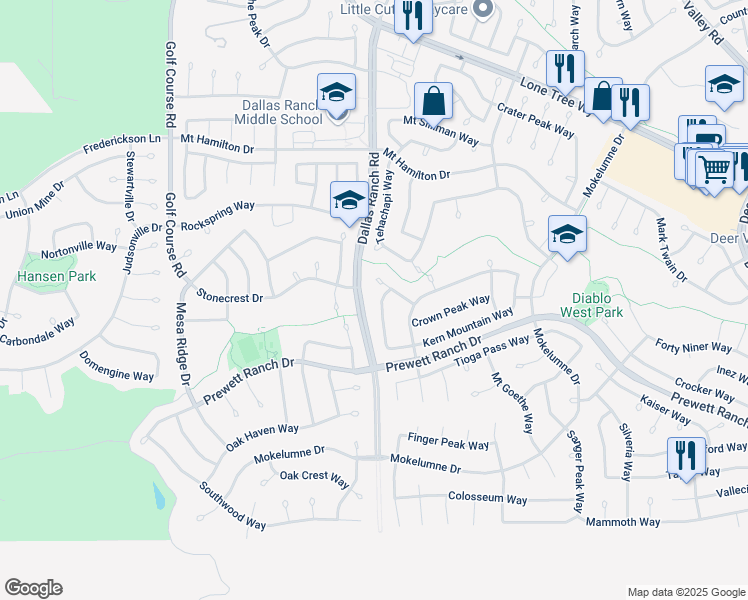 map of restaurants, bars, coffee shops, grocery stores, and more near 5204 Saddle Mountain Way in Antioch