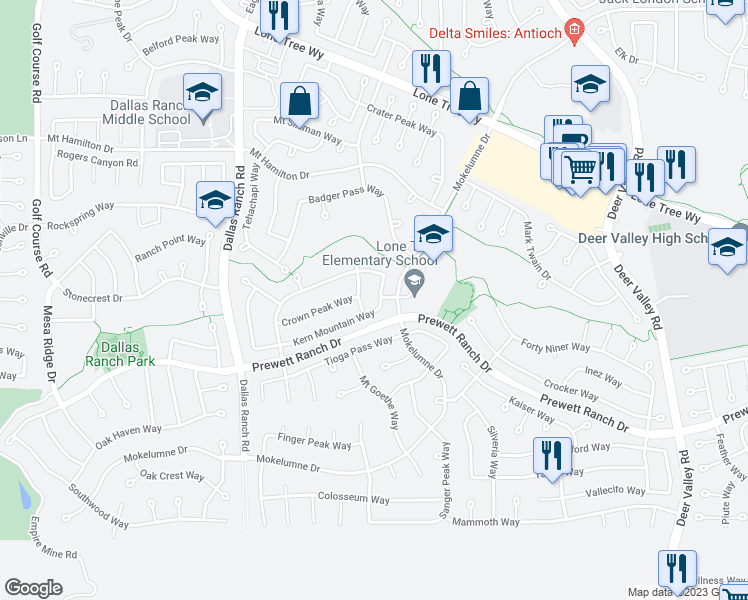 map of restaurants, bars, coffee shops, grocery stores, and more near 1925 Kern Mountain Way in Antioch