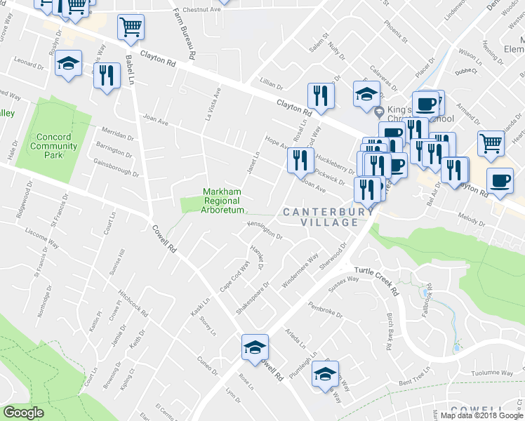 map of restaurants, bars, coffee shops, grocery stores, and more near 1357 Rosal Lane in Concord