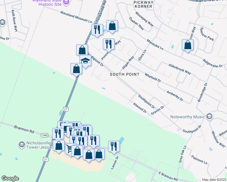 map of restaurants, bars, coffee shops, grocery stores, and more near 300 Atwood Drive in Lexington