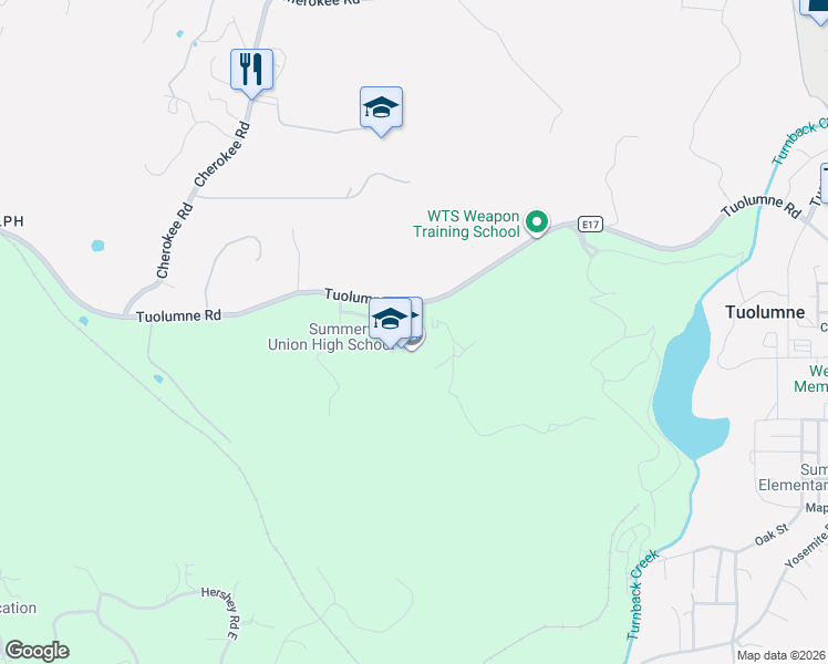 map of restaurants, bars, coffee shops, grocery stores, and more near 17555 Tuolumne Road in Tuolumne