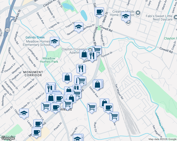 map of restaurants, bars, coffee shops, grocery stores, and more near 2542 Camara Circle in Concord