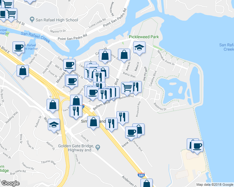 map of restaurants, bars, coffee shops, grocery stores, and more near 3320 Kerner Boulevard in San Rafael