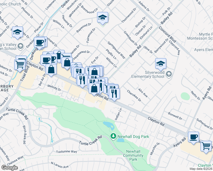 map of restaurants, bars, coffee shops, grocery stores, and more near 1522 Bailey Road in Concord