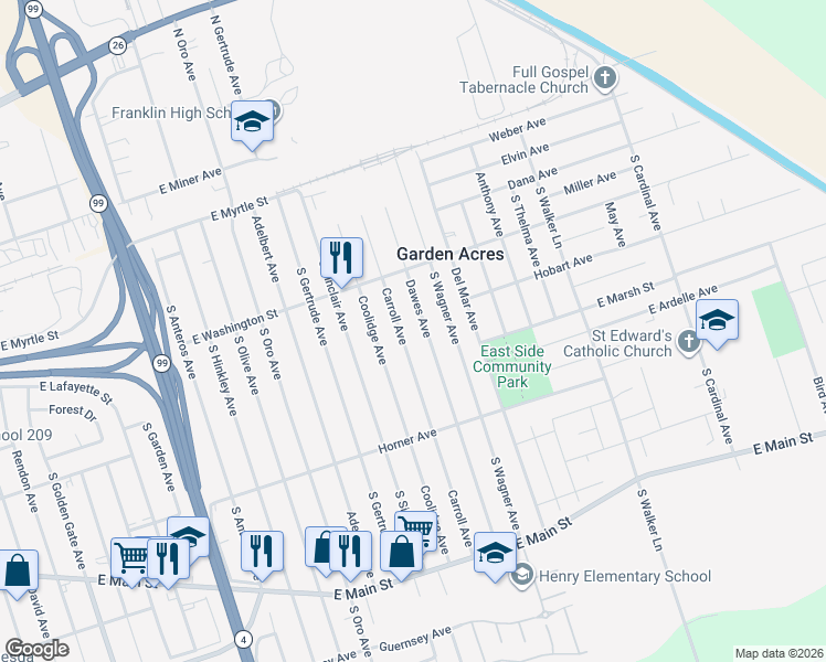 map of restaurants, bars, coffee shops, grocery stores, and more near 343 Dawes Avenue in Stockton