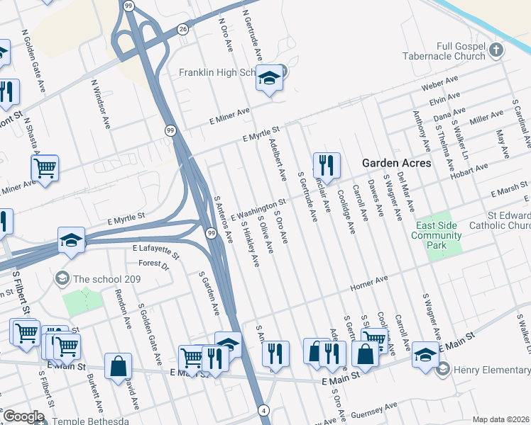map of restaurants, bars, coffee shops, grocery stores, and more near 205 South Olive Avenue in Stockton