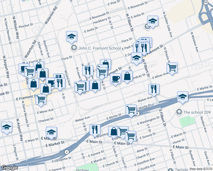 map of restaurants, bars, coffee shops, grocery stores, and more near 2213 East Lindsay Street in Stockton