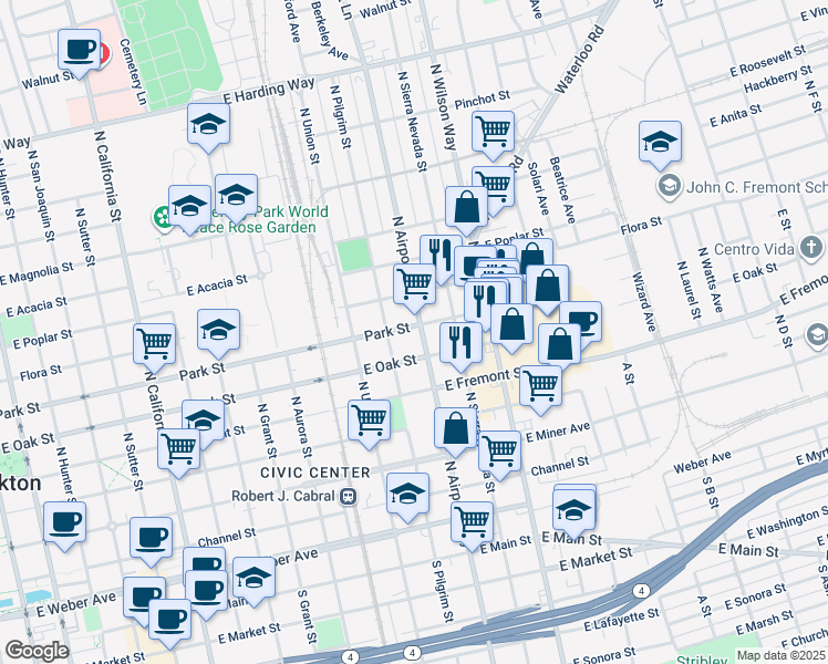 map of restaurants, bars, coffee shops, grocery stores, and more near 1236 East Park Street in Stockton