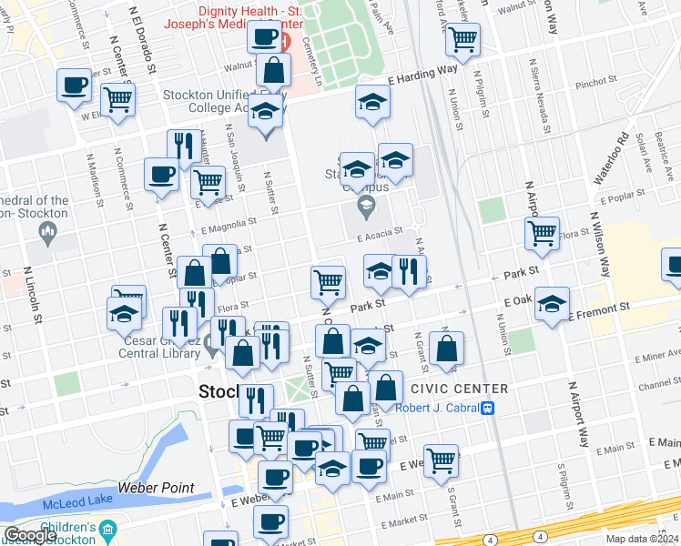 map of restaurants, bars, coffee shops, grocery stores, and more near 545 Flora Street in Stockton