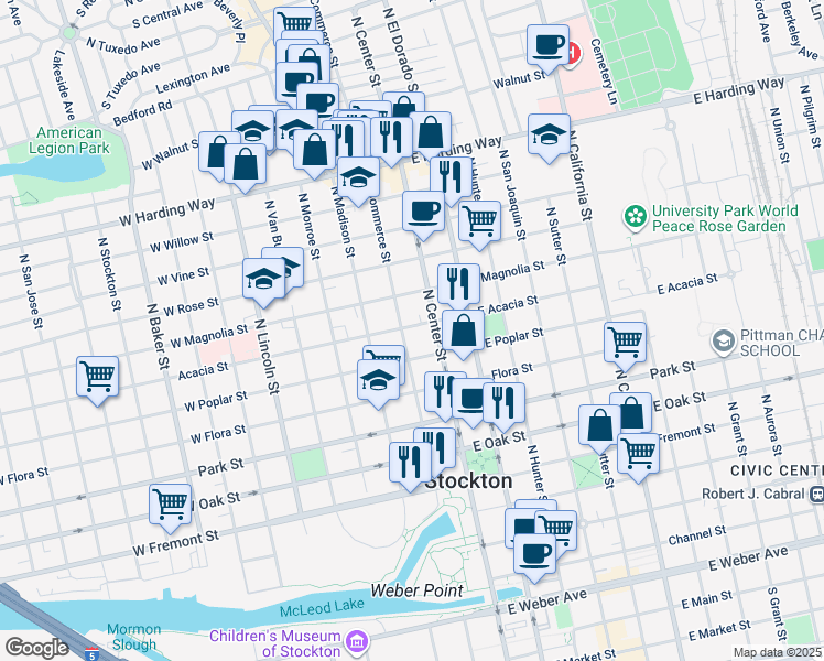 map of restaurants, bars, coffee shops, grocery stores, and more near 44 Acacia Street in Stockton