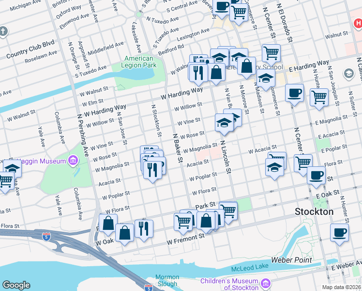 map of restaurants, bars, coffee shops, grocery stores, and more near 1121 North Baker Street in Stockton