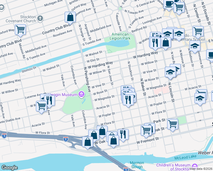 map of restaurants, bars, coffee shops, grocery stores, and more near 1101 West Rose Street in Stockton