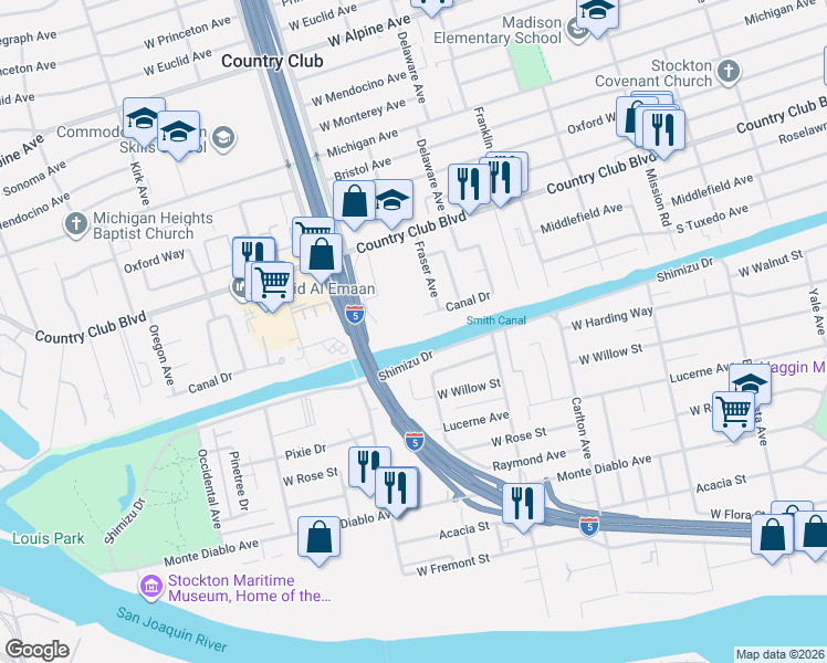 map of restaurants, bars, coffee shops, grocery stores, and more near 2468 Canal Drive in Stockton