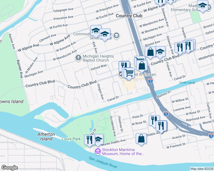 map of restaurants, bars, coffee shops, grocery stores, and more near 3005 Riverside Court in Stockton